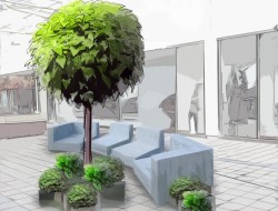 Wizualizacja aranżacji przestrzeni z kompozycjami roślinnymi w donicach i nowoczesnymi meblami drewnianymi